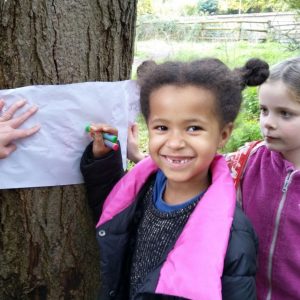 Children doing bark rubbings on a tree