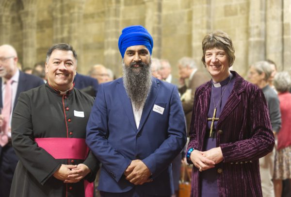 Bishop Rachel Treweek photographed with Sukhwinder Singh and Andrew Zihni